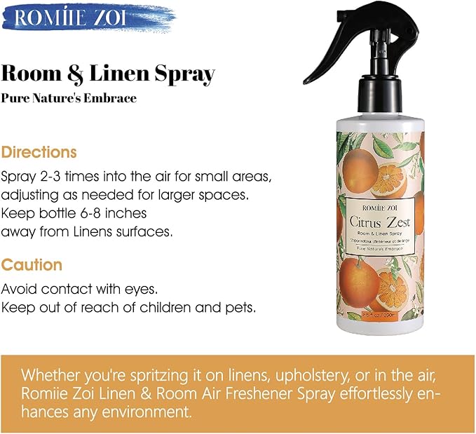 ROMIIE ZOI Room Spray Air Freshener Mist, with Natural Plant Extract Scented Room Spray for Home Fragrance Fabric linen Spray air Freshener - Citrus Zest - 8.5 FL OZ