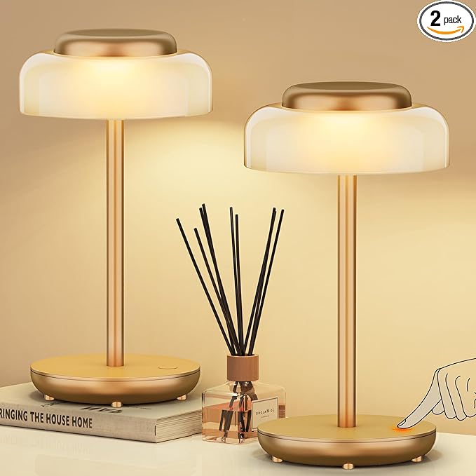 QiMH Battery Operated LED Table Lamp, 5000mAh Rechargeable Cordless Lamp Set of 2, Stepless Dimmable Touch Control, Small Waterproof Desk Night Light for Living Room, Bedroom, Outdoor Bar (Gold)