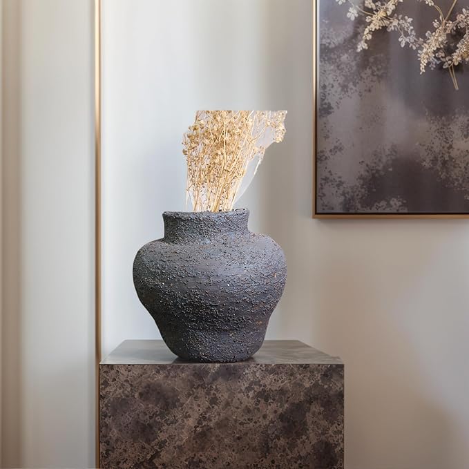 Rustic Pottery Ceramic Vase - Vintage Farmhouse Style Decor, White Grid Ceramic Vases for Home Decor, Modern Farmhouse Decor (black1)