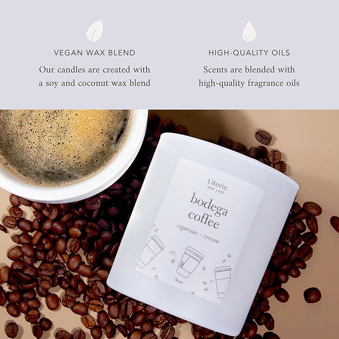 Literie Premium NYC Inspired Scented Candle: Bodega Coffee - Espresso & Cream Scent, 9oz, 50 Hour Burn, Vegan Soy & Coconut Blend Candle for Home Decor, Gift for Women & Men