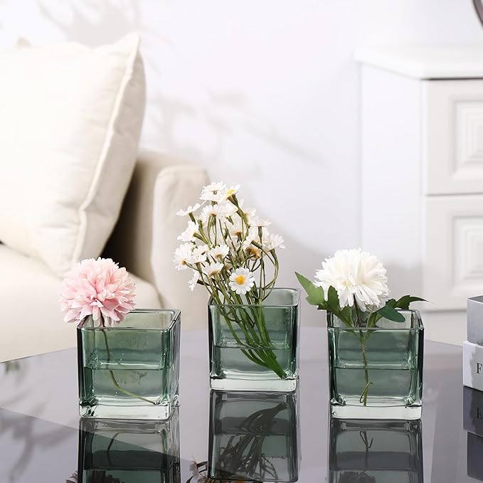Square Flower Vases Set of 4, 3"x 3"x 3" Glass Vases for Centerpieces, Green Vase for Flowers, Small Vase for Wedding, Party, Home Office Decoration