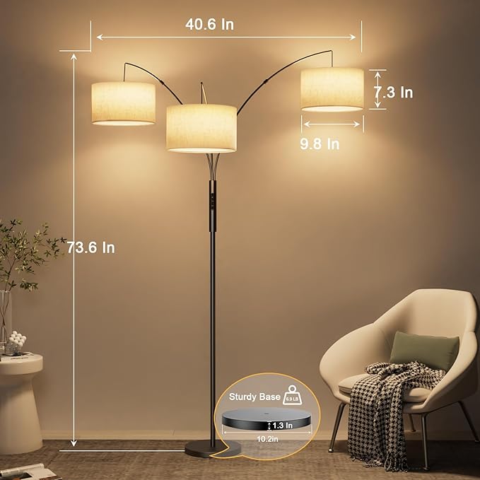 36W LED Arc Floor Lamp with 3 Fabric Shades, 3000LM Super Bright Standing Lamp with Remote Control & Touch, Stepless Dimming, Individual Light Control for Living Room, Bedroom