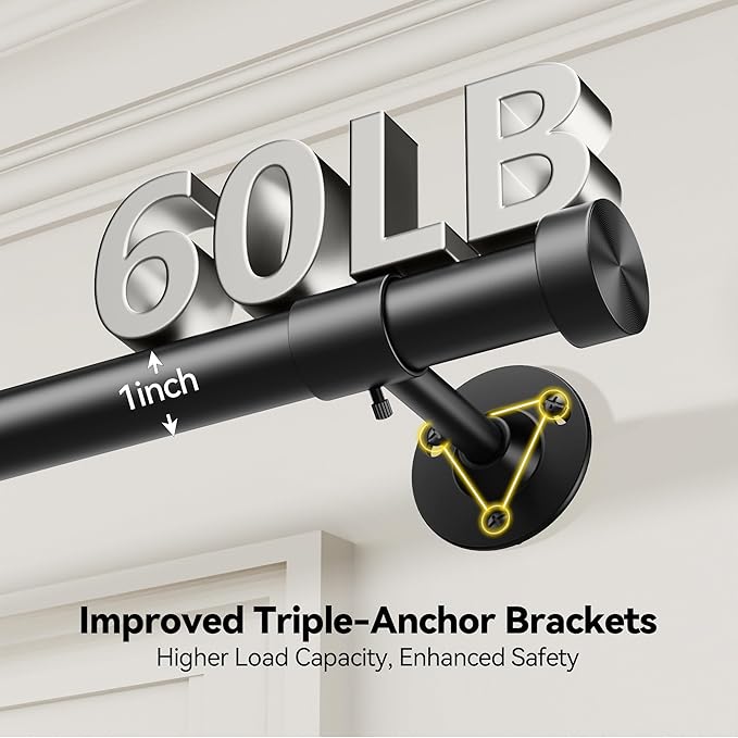 Heavy Duty Curtain Rod 32-120 Inch, 1 Inch Adjustable Black Curtain Rods for Windows, Long Window Treatment Rods with Aluminium Finials, Easy Installation