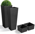 JUMMICO Set of 2 Resin Rattan Tall Planters for Outdoor Plants, Large Tapered Planters with Drainage Holes&Inner Trays, Flower Pots for Garden, Patio, Porch, Backyard (Black, 32'')