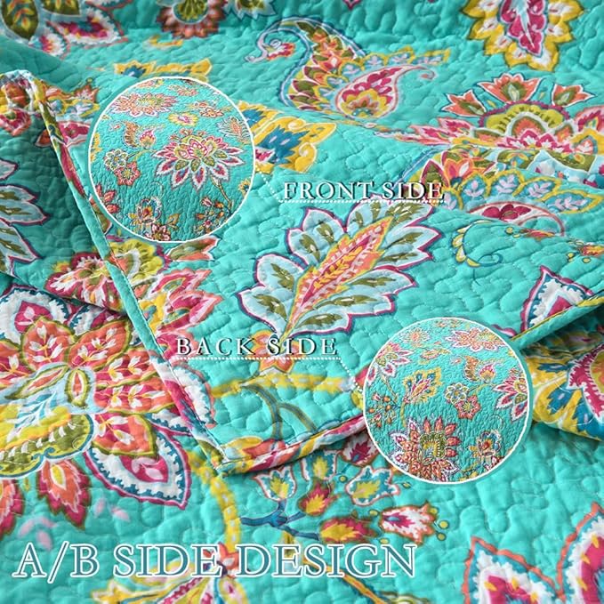 Cotton Bedspread Bedding Coverlet Quilt Sets, Reversible Vintage Branch Floral Bedspread comforters, (Vintage Turquoise Paisley Floral Pattern, King Size)