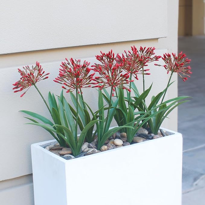 Artificial Flowers for Outdoors 18.9 in Large Fake Plants Outdoor Red Flower Agapanthus Spring Summer Decoration Outside for Front Porch Garden Window Box Decortion