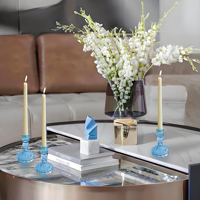 Glass Candlestick Holder,Striped Taper Candle Holders,Set of 6 Candle Stand for Table Centerpieces, Home Decor,Weddings,Festival and Parties (Blue Stripe Pattern)