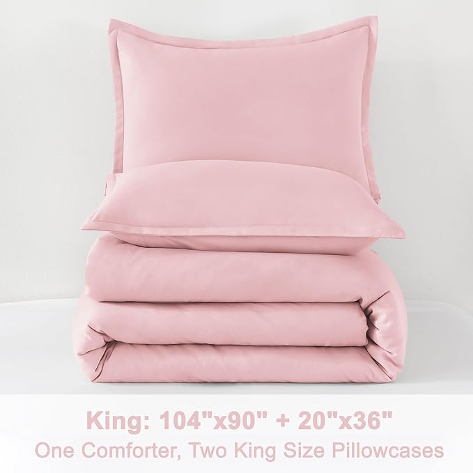 Litanika Pink Comforter Set King Size, 3 Pieces Aesthetic Soft Solid Bedding Comforter Set, All Season Bed Set (104x90In Comforter & 2 Pillowcases)