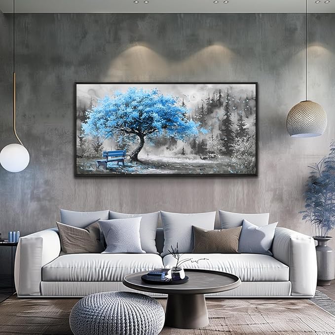 ZUITINGHUA Black Framed Canvas Wall Art For Living Room Wall Decor For Bedroom Office Wall Decoration Blue Tree Landscape Painting Black And White Picture Artwork Room Aesthetic Home Decor 20x40 In