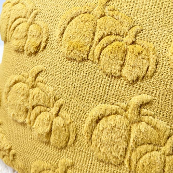 Booque Valley Fall Decorative Pillow Covers Set of 2 20 x 20 inch Soft Plush Faux Fur Wool Pumpkin Throw Pillowcases for Autumn Halloween Farmhouse Home Decor, Mustard Yellow