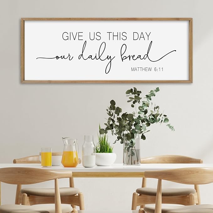 SRSZHIYUE Give Us This Day Our Daily Bread Sign Wall Decor Art 32"×12" Matthew 6:11 Dining Room Kitchen Large Wood Framed Wall Hanging (Wood)