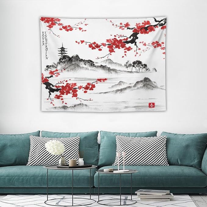 Cherry Blossoms Tapestry, Japanese Fuji Mountain Wall Tapestry, Nature Landscape Wall Art for Bedroom & Living Room Decor, 40"x30"