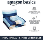 Amazon Basics 5-Piece Lightweight Microfiber Bed-In-A-Bag Comforter Bedding Set, Soft, Twin XL, Blue Stripe