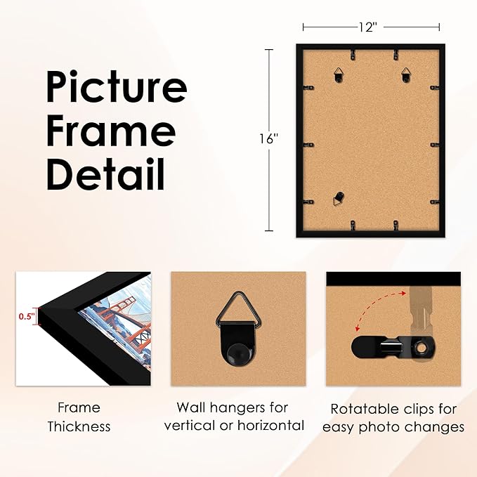 FIXSMITH 12x16 Picture Frame Set of 2, Photo Frame with HD Plexiglass, Display Pictures 8.5x11 with Mat or 11x17 Without Mat, Black Picture Frames Collage Wall Decor, Gallary Wall Frame