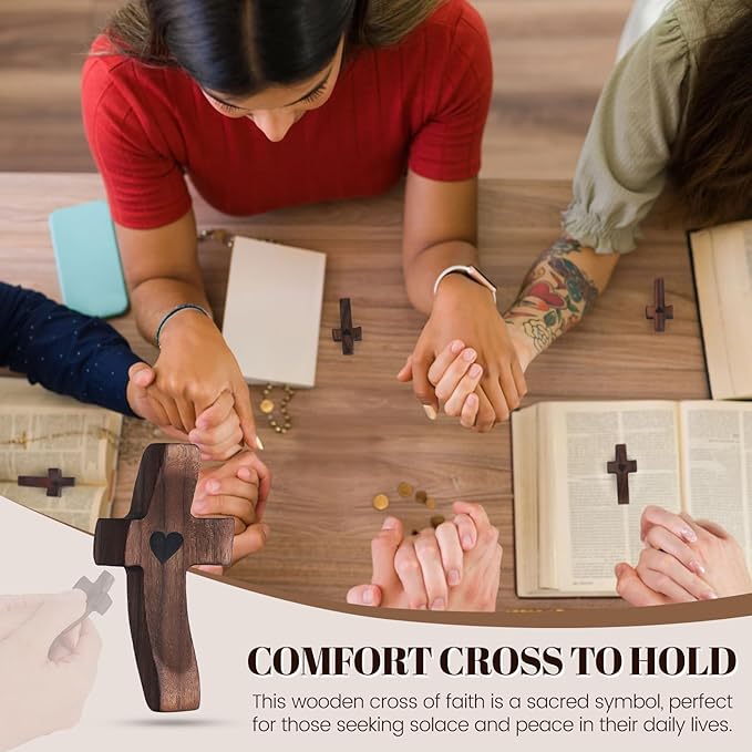 Yaoerlingiiu 8PCs Wooden Fidget Cross My Heart -StressRelief Prayer Cross Christian Encouragement Gift ChristmasGift for Adults/ Handheld Fidget Faith & AnxietySmall Wooden Croses for pocket prayers Prayer rosfor Hand Wall Crosses( Walnut Wood )