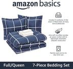 Amazon Basics Full/Queen Comforter Set with Sheets, 7-Piece Navy with Grey Plaid Bedding, Lightweight Microfiber Bed-in-a-Bag