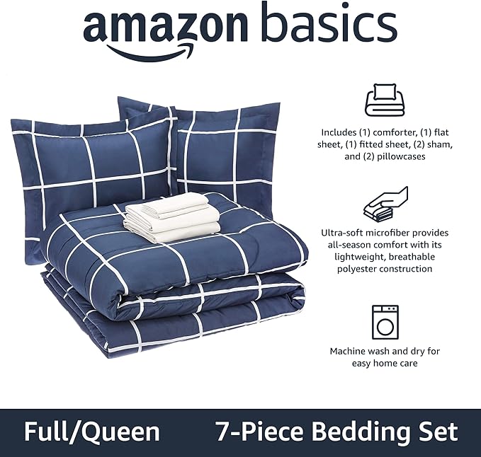 Amazon Basics Full/Queen Comforter Set with Sheets, 7-Piece Navy with Grey Plaid Bedding, Lightweight Microfiber Bed-in-a-Bag