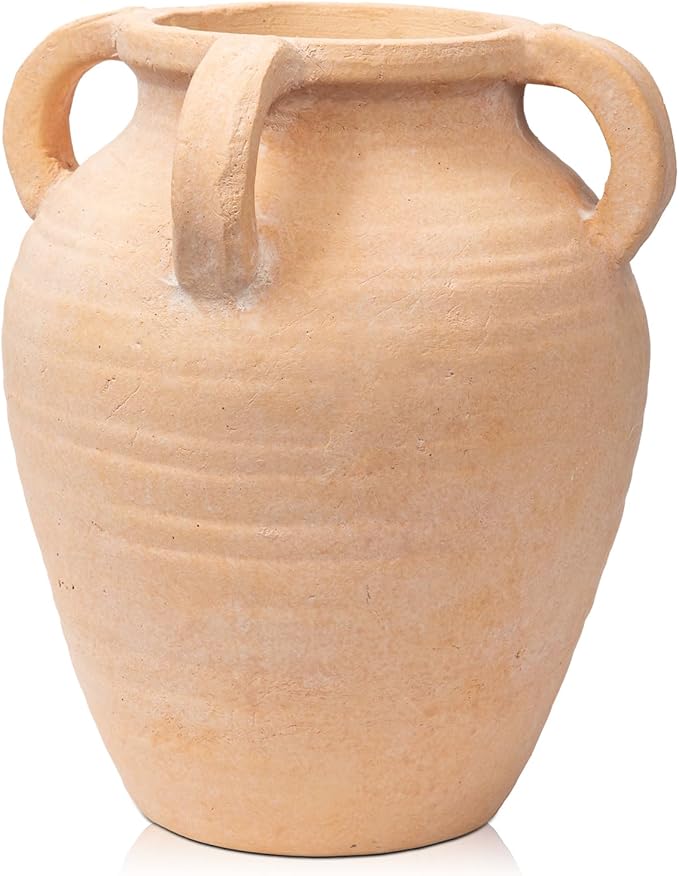 Handcrafted Flower Vase, 9.8" Tall Terracotta Vases, Vintage Rustic Ceramic Vase Décor with 4 Handles, Wide Mouth, Matte Finish for Home Office Resto Café Décor