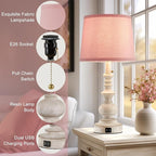 22'' Bedside Table Lamps Set of 2 Modern Farmhouse Nightstand Lamps for Bedroom with USB Charging Ports Vintage Boho Table Lamps for Girls Kids Living Room,Pink Shade,Bulbs Not Included