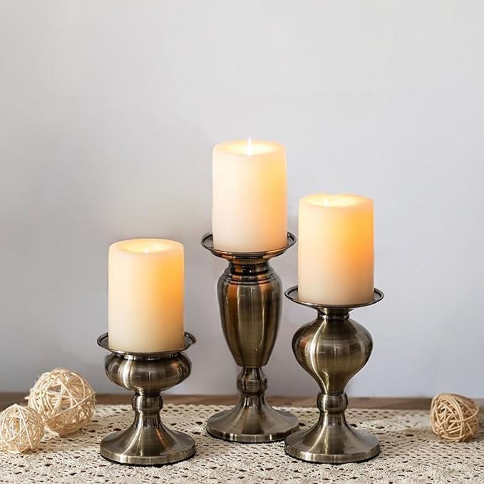 Sziqiqi Pillar Candle Holder Bronze: Vintage Metal Candle Holder for Table Centerpiece - Antique Candle Stand Set of 3 for Living Room Fireplace Dining Christmas Wedding Decorations