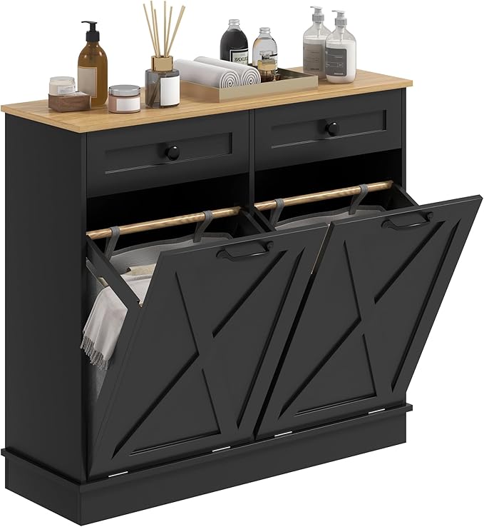 HOMCOM Tilt Out Laundry Hamper Cabinet with 2 Removable Baskets, Freestanding Bathroom Storage Cabinet with 2 Drawers, Trash Can Cabinet for Living Room, Laundry Room, Black