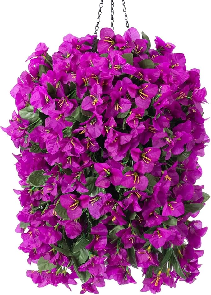 Artificial Bougainvillea Faux Flowers Plants Baskets for Outdoor Outside Summer Decoration, 3 PCS Fake Silk Long Hanging Vines UV Resistant Realistic for Front Door Porch Patio Balcony, Purple