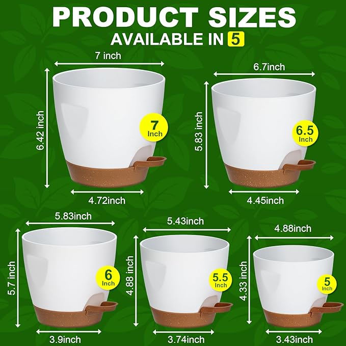 Uneed Indoor Self Watering Planters with Drainage Holes and Saucers, 7/6.5/6/5.5/5 Inch-5 Pots,for Indoor Plants, Herbs, Succulents (White)
