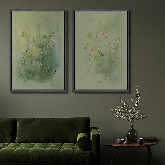 SIGNFORD Framed Canvas Print Wall Art Set Whimsical Green Wildflower Illustration Modern Art Decorative Nordic Nature for Living Room, Bedroom, Office - 16"x24"x2 Black