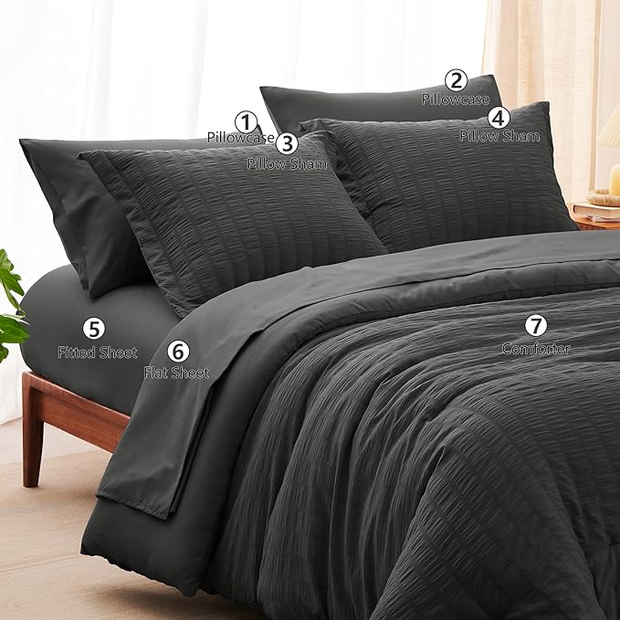 CozyLux Queen Comforter Set Dark Grey Seersucker 7 Pieces Bed in a Bag Queen Comforter Set with Sheets, Luxury Soft Bedding Set with Down Alternative Comforter, Sheets, Pillowcases & Shams All Seasons