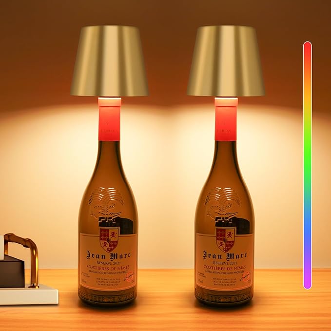 DUSKTEC Wireless Wine Bottle Lampshade, 8 RGB Modes, Light Temperature 3000-6500K, Rechargeable Touch Wine Bottle Lamp, Portable Wireless Lamp, Bar Lights, Party, Gift (Gold)
