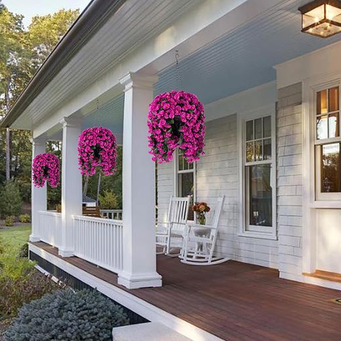 Artificial Fake Hanging Flowers Plants for Outdoor Outside Decoration, 2PCS Faux Silk UV Resistant Look Real Fuchsia Morning Glory Trailing Vines for Home Planter Porch Patio