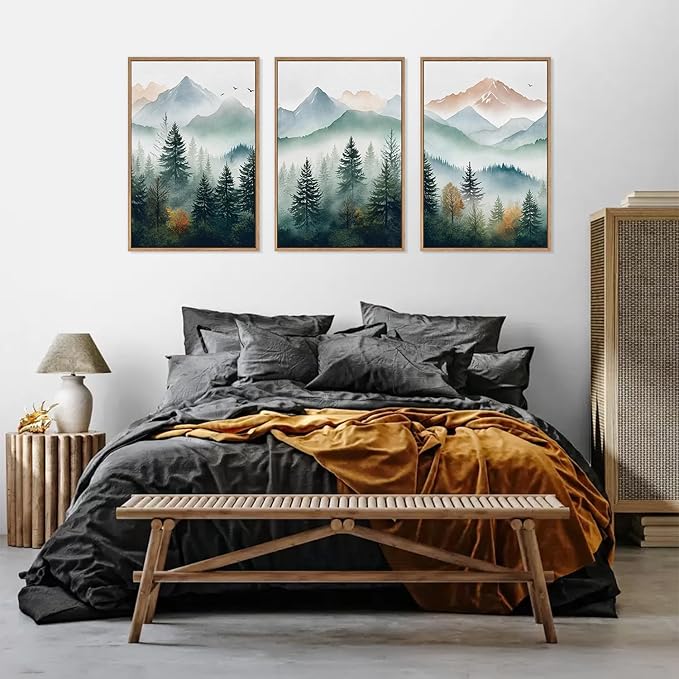 HLNIUC Misty Mountain Forest Framed Wall Art Set,Green Fog Pine Tree Wall Decor,White Foggy Forest Senic Canvas Wall Painting,Fogforest Landscape Art Print for Living Room,Bedroom,Office - 16”x24”x3