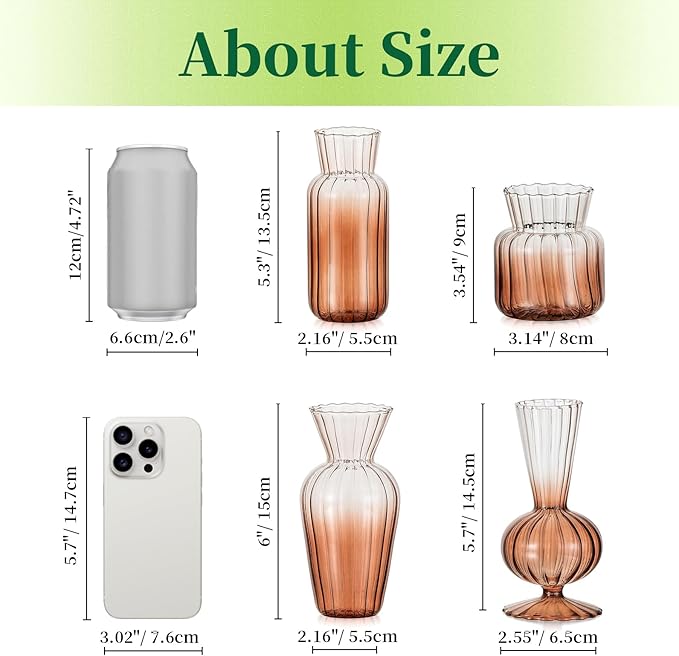 Hewory Small Ribbed Glass Bud Vases Set of 8 Amber Flower Vase Centerpieces - Modern Minimalist Cute Mini Decorative Bulk Vases for Wedding Bridal Shower Birthday Party Events Dining Room Table Decor