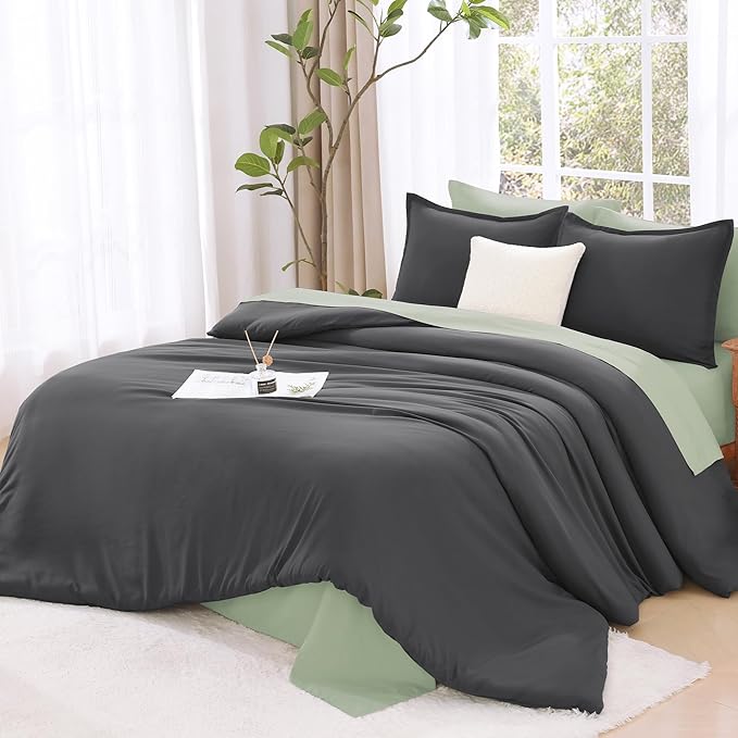 Litanika Dark Grey Comforters Oversized Queen Size, 3 Pieces Lightweight Solid Bedding Comforter Set, All Season Fluffy Bed Set (98x98In Comforter & 2 Pillowcases)