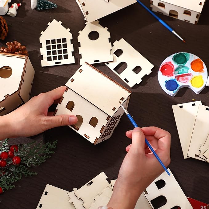 Hiboom 24 Pcs DIY Christmas Village Sets Wood Village Houses Christmas Mini Wooden House Crafts Gift for Winter Xmas Party Decorations