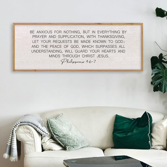 LuZhiQiang Be Anxious for Nothing Wall Decor 40"×15" Philippians 4:6-7 Bible Verse Sign Large Christian Scripture Wood Framed Hanging Decor (Wood)