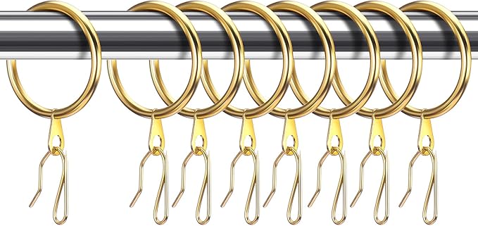 Hotop 30 Pcs Metal Drapery Curtain Rings 0.98/1.26/1.65 inch Interior Diameter and 30 Pcs Hanging Curtain Drapery Pin Hooks for Window Door Shower(32 mm,Gold)