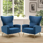 X-VOLSPORT Velvet Accent Chairs Set of 2, Mid Century Modern High Back Living Room Chair with Waist Pillow, Upholstered Arm Chair with Metal Gold Legs for Bedroom, Club, Dark Blue
