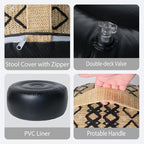 Outdoor Inflatable Ottoman with Air Pump, Embroidery Patio Footrest Stool D21”x H9”, Round Pouf Ottoman with Portable Handle Suitable for Garden, Camping, Bedroom, Living Room