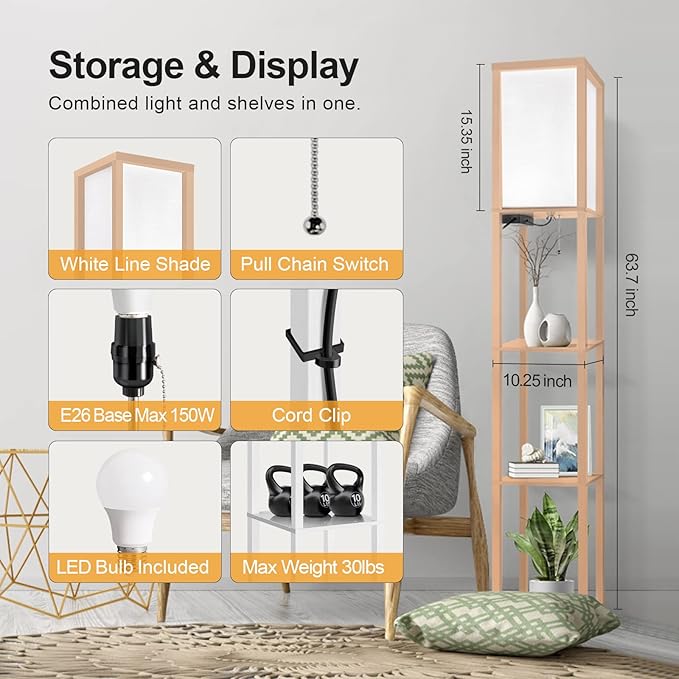 OUTON Floor Lamp with Shelves, LED Shelf Floor Lamp with 1 USB & 1 Type C Ports, 1 AC Outlet, 3 Color Temperature, Storage Display Wood Column Tall Standing Lamp for Living Room, Bedroom Office, Wood