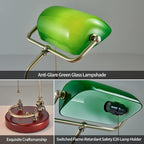 Bankers Lamp, Traditional Green Desk Lamp with Solid Birch Wood Base, Green Glass Antique Library Lamp with Pull Chain Switch, Plug in Vintage Bankers Desk Lamp for Office, Study Room 【E26 Socket】
