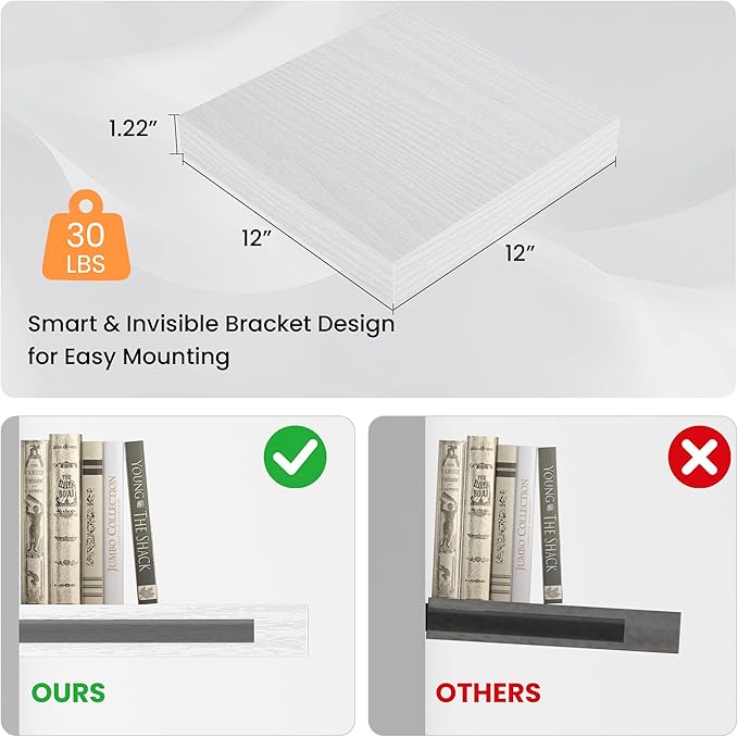 Square Floating Shelves for Wall, 12" W x 12" D x 1.2" H, Small Wooden Wall Mounted Display Shelves with Invisible Brackets for Living Room, Bedroom, Bathroom, Kitchen Decor, Set of 3, White