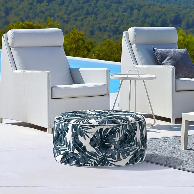 LVTXIII Outdoor/Indoor Inflatable Ottoman, 31"x31"x14" Patio Footrest Stool, Portable Round Pouf Ottoman for Patio Garden, Camping or Home Decoration, Palm Blue