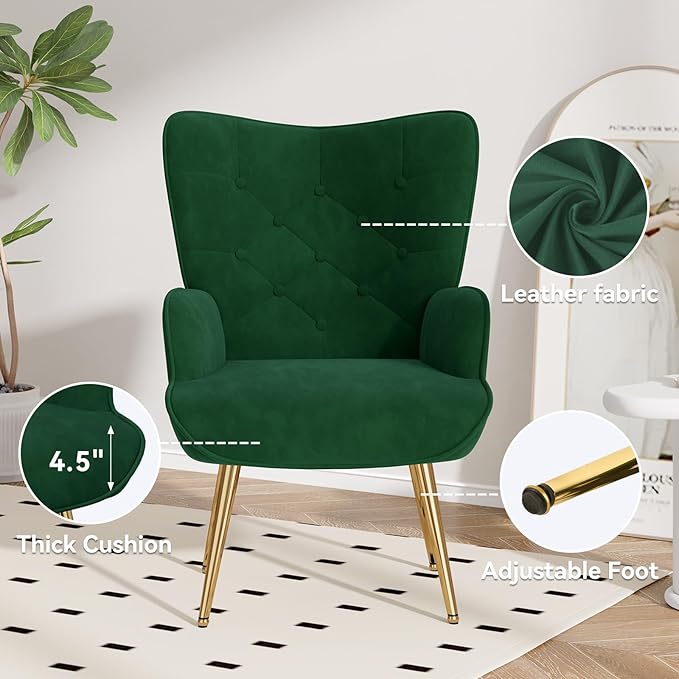 Nalupatio Mid Century Modern Velvet Accent Chair, Tufted Button High Back Chair, Upholstered Wingback Armchair with Metal Legs, High Back Side Chair for Living Room Bedroom, Green