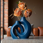 Levvohd Snuggle Hollow Ceramic Vase Set of 2, 8.4 inch Modern Nordic Coastal Shaped Pampas Grass Aesthetic Decorative Table Vases for Home Decor (Matte Navy Blue - M)