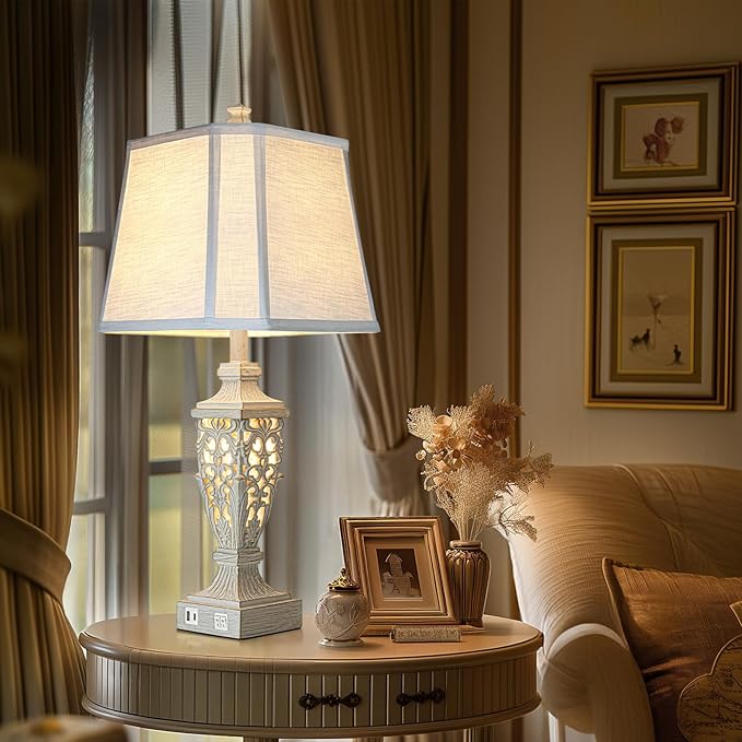 28.5" Lamps for Living Room - Table Lamps Set of 2 with Night Light,Bedside Lamp with White Linen Cut Corner Shade - for Bedroom Room and Nightstand with USB A+C Ports- for Office Hotel(Bulb Included)