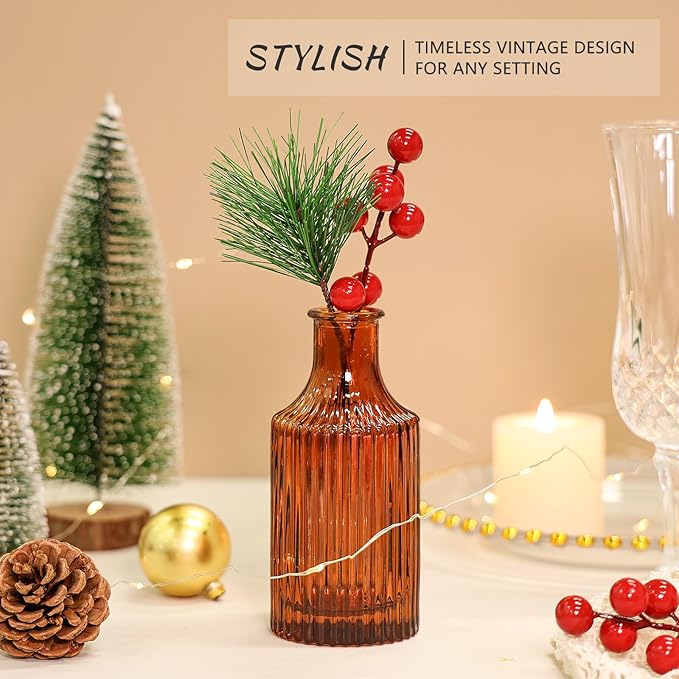 Glass Bud Vase Set of 5, Amber Small Flower Vases for Centerpieces in Bulk, Mini Vintage Vase for Rustic Wedding, Home,Table Decoration