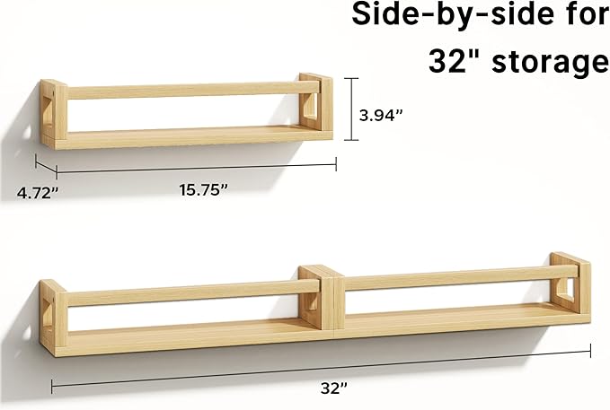 Upgraded Thick Floating Shelves - Multi-Use Wall-Mounted Bookshelves for Kids and Nursery, Ideal for Books, Toys, Spice Rack, Decor - NaturalWood