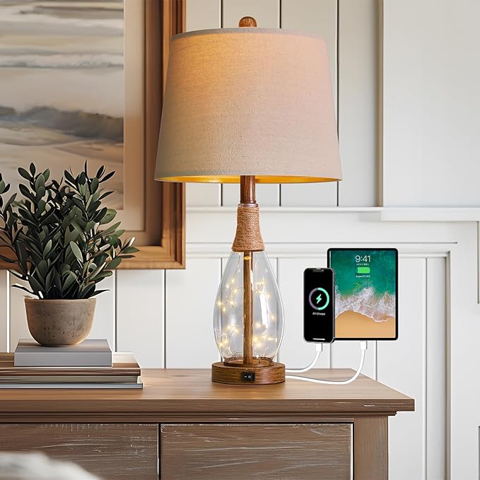 OYEARS 23" USB A+C Table Lamp for Bedroom Living Room Modern Bedside Lamps Retro Farmhouse Rattan Glass Nightstand Nightlight Lamps,Two Light Points
