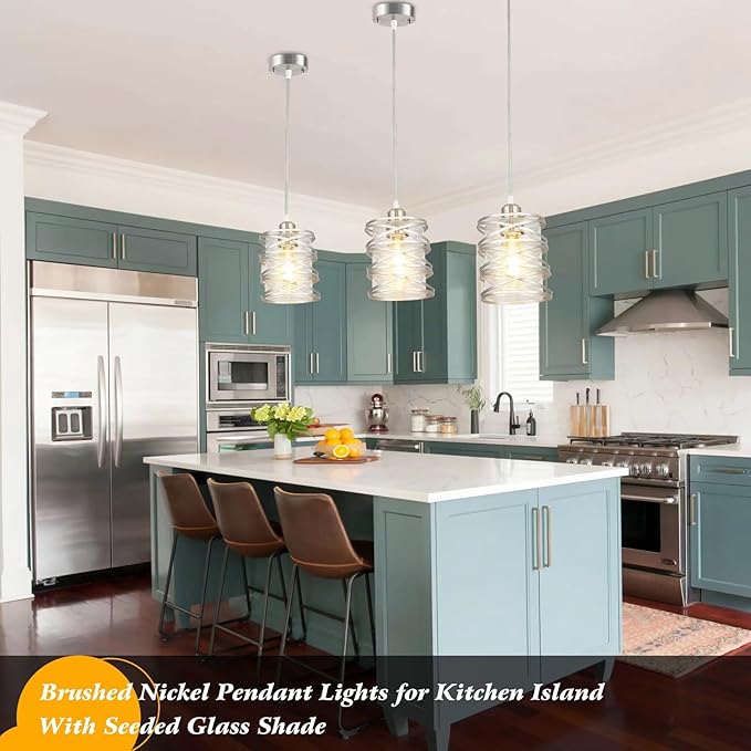 Brushed Nickel Pendant Light for Kitchen Island Spiral Iron Pendant Light Fixtures with Seeded Glass Shade, Adjustable Height Hanging Pendant Lighting for Dining Room Hallway Kitchen Foyer